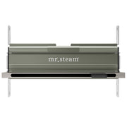 Linear brushed nickel steam head with horizontal slats, aroma tray compartment, and wall mounting brackets.