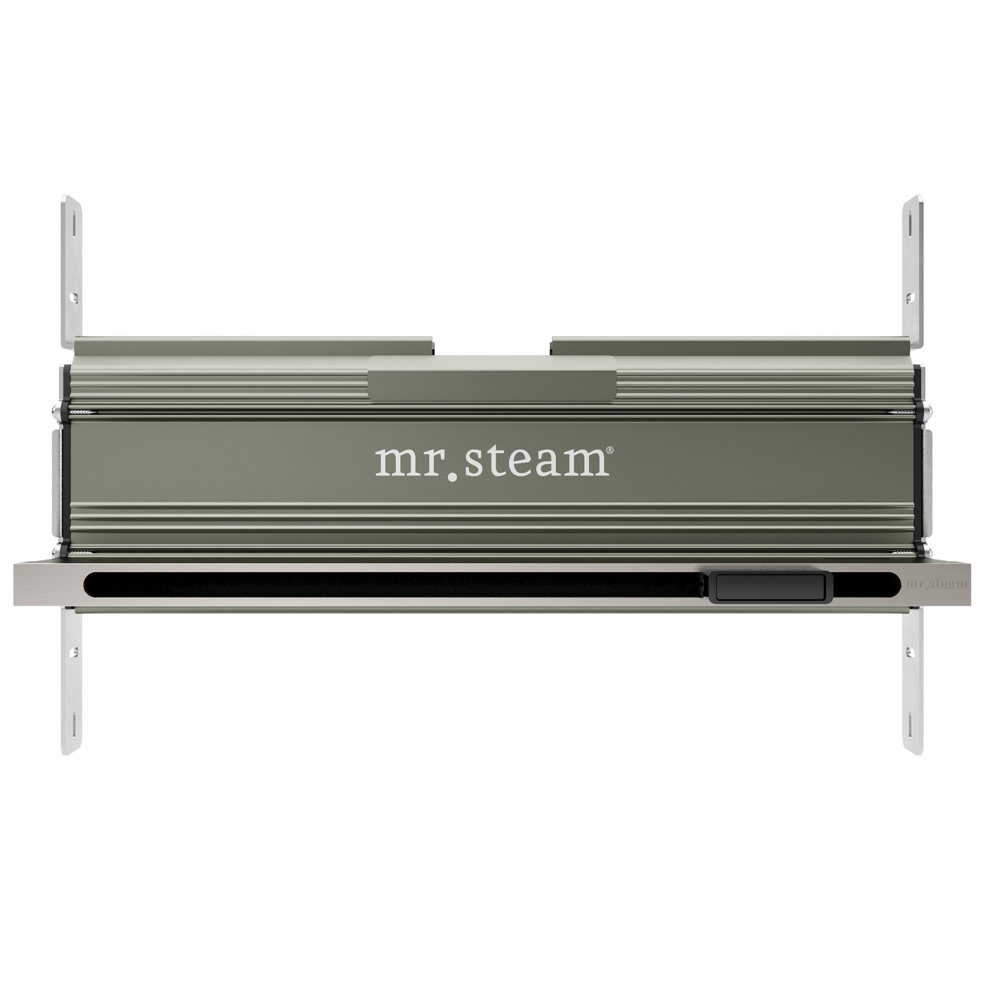 Linear brushed nickel steam head with horizontal slats, aroma tray compartment, and wall mounting brackets.