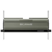 Matte black linear steam head with horizontal ribbed design, control button, and mounting brackets for wall installation.