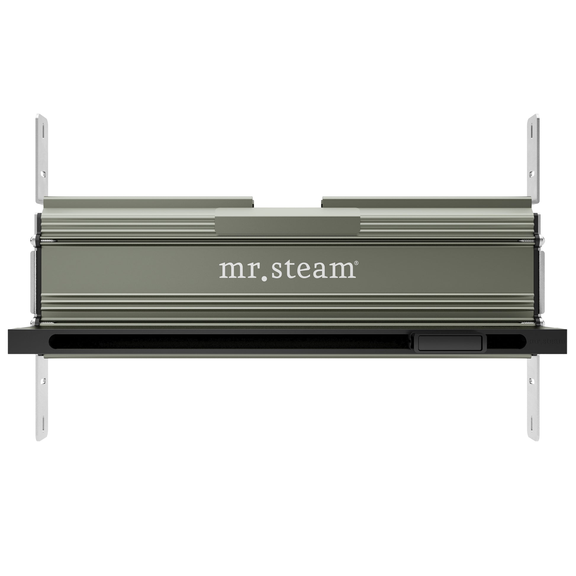 Matte black linear steam head with horizontal ribbed design, control button, and mounting brackets for wall installation.