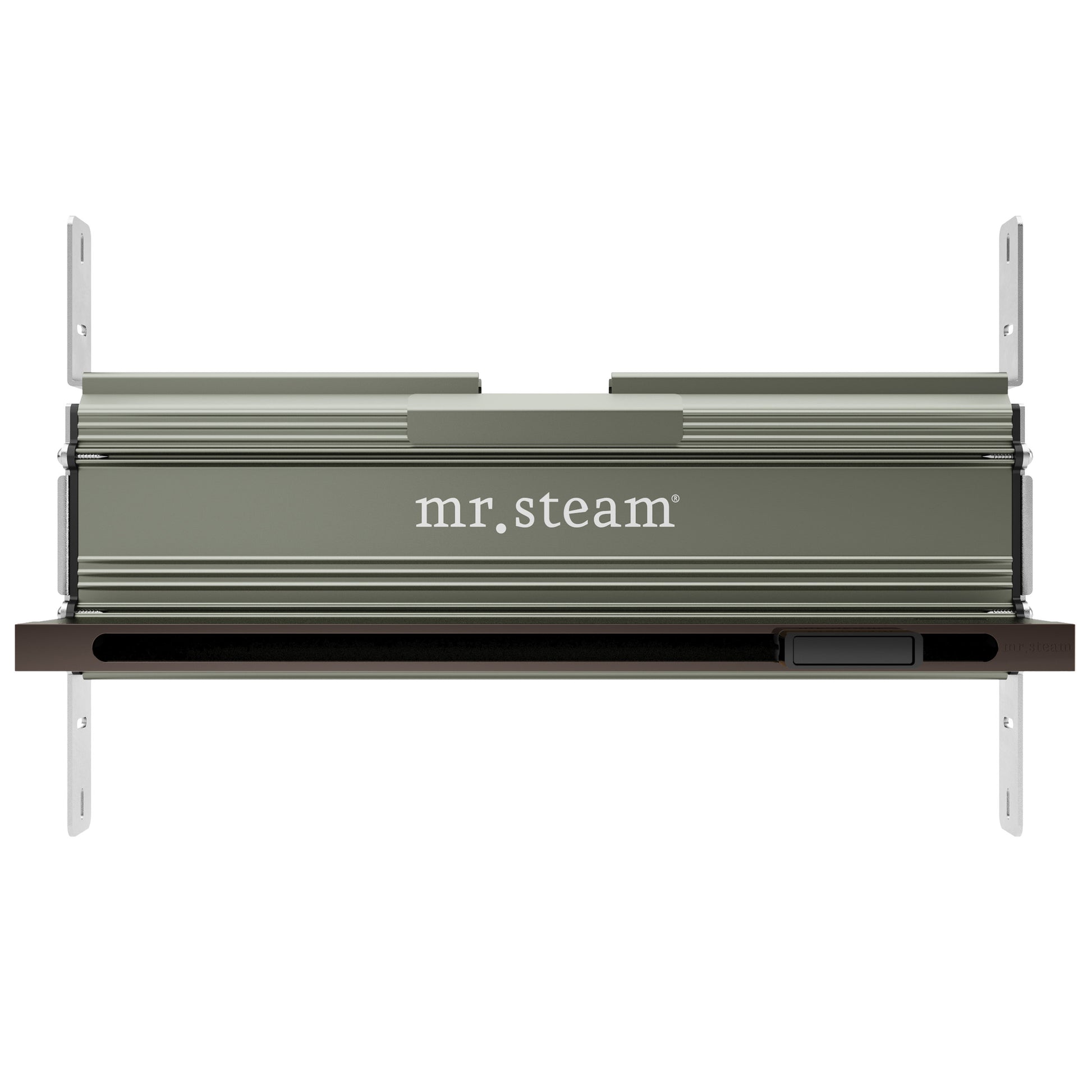 Oil-rubbed bronze linear steam head with horizontal finned design and aroma tray slot, mounted on dark base plate.