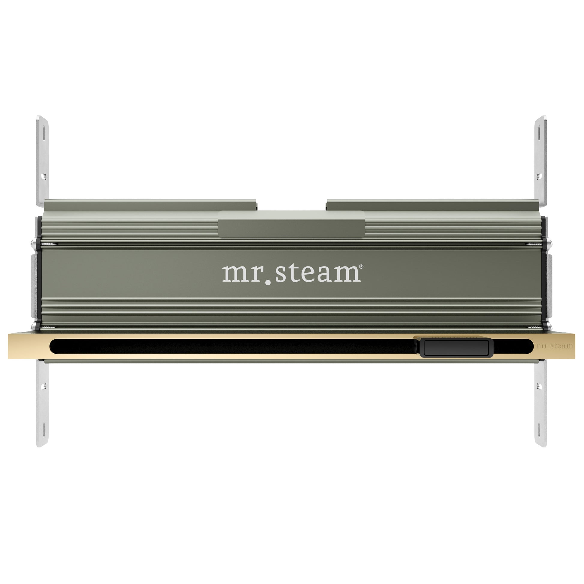 Polished brass linear steam head with horizontal ridged design, aroma tray, and mounting brackets, viewed from front.