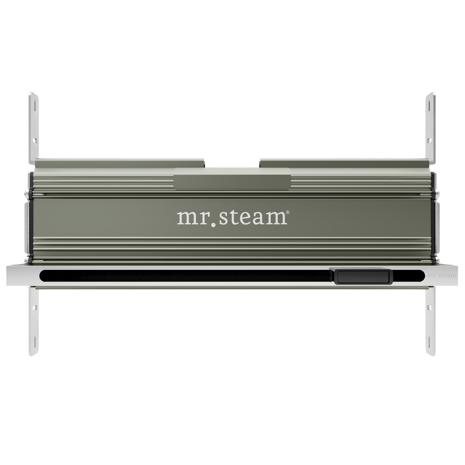 Linear polished chrome steam head with integrated aroma tray and wall-mounted brackets.
