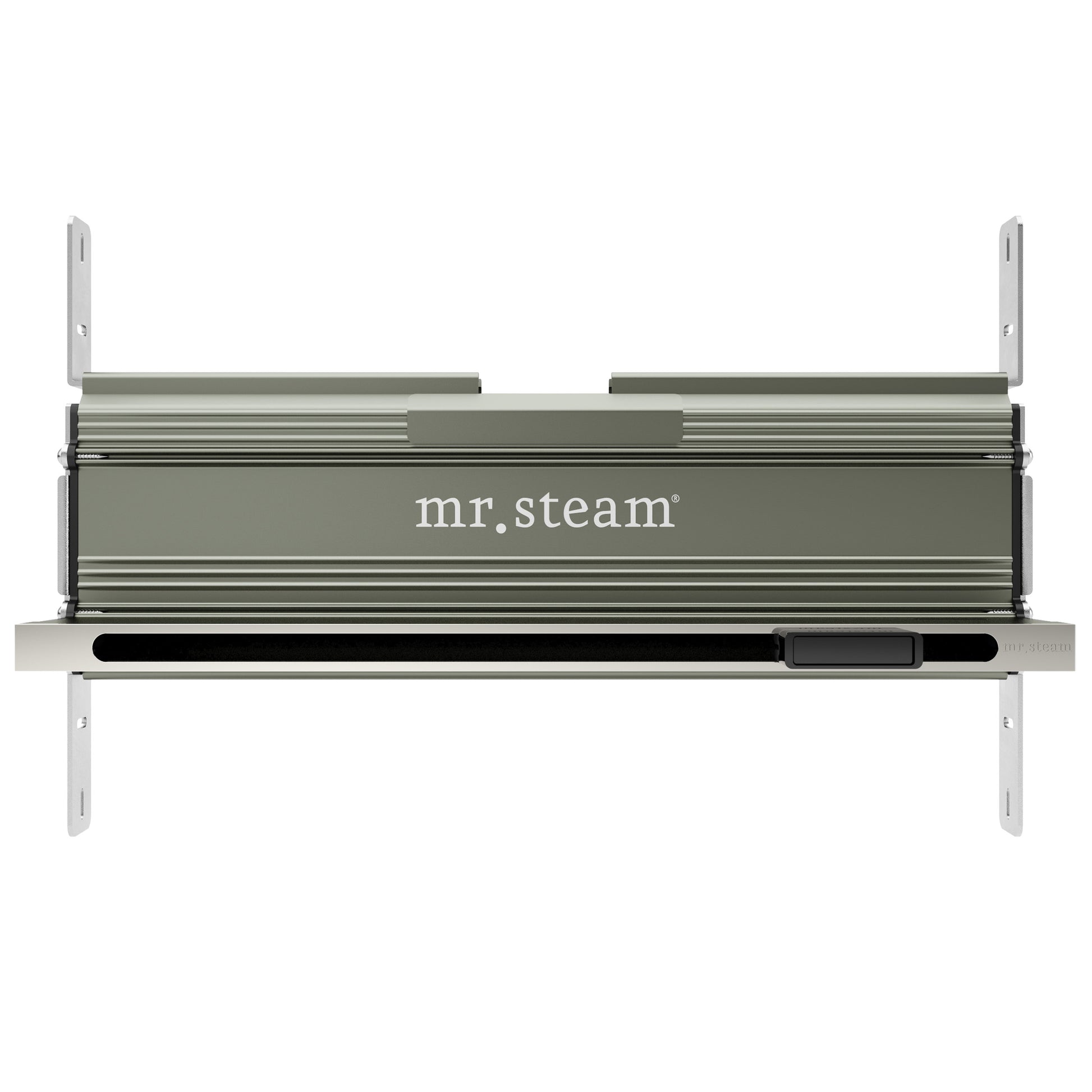 Polished nickel linear steam head with horizontal slats, aroma tray, and wall-mounted brackets.