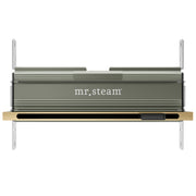 Satin brass linear steam head with horizontal slats, aroma tray, and mounting brackets, front view.