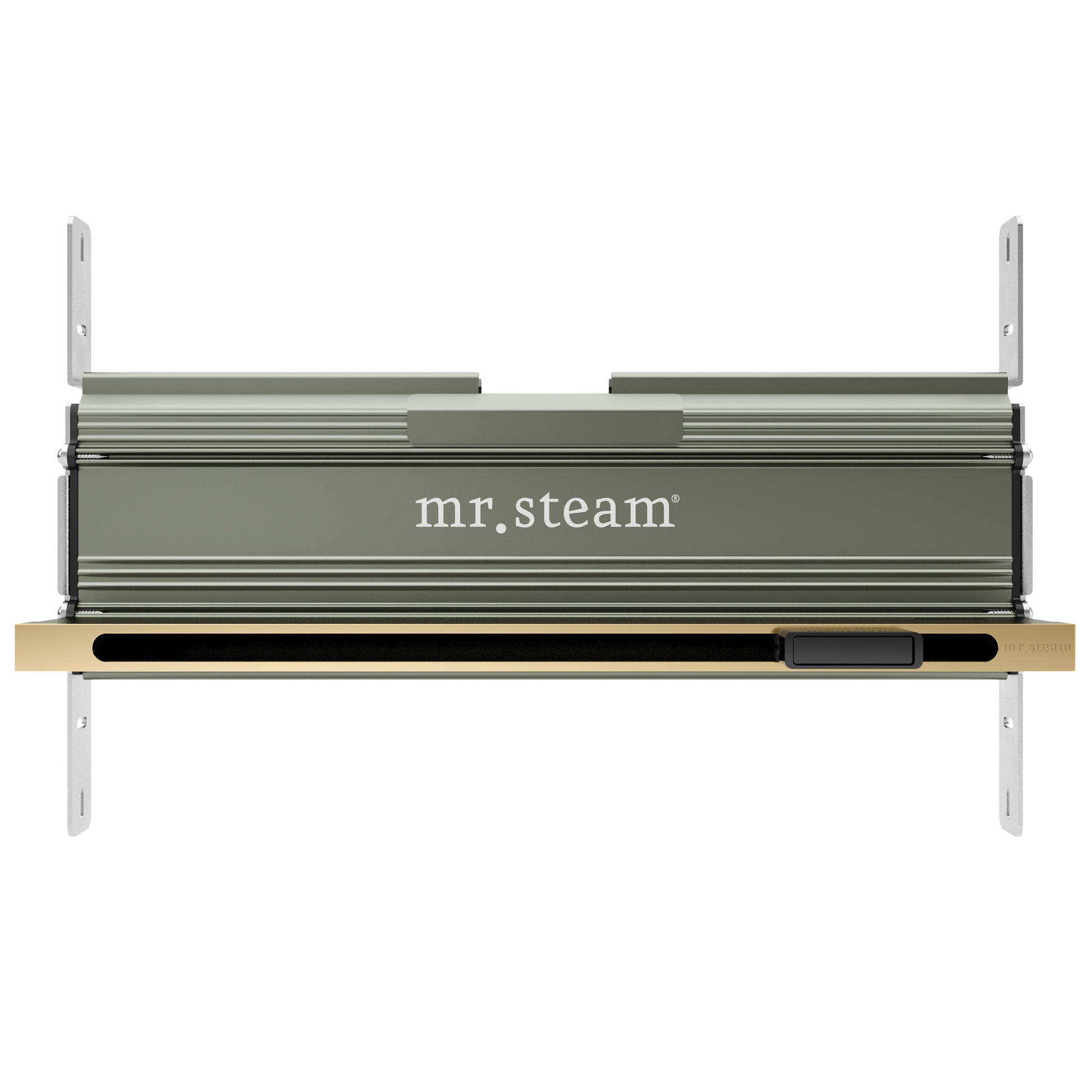Satin brass linear steam head with horizontal slats, aroma tray, and mounting brackets, front view.