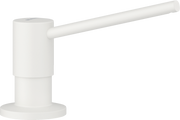 White cylindrical soap dispenser with a lever arm and circular mounting base.