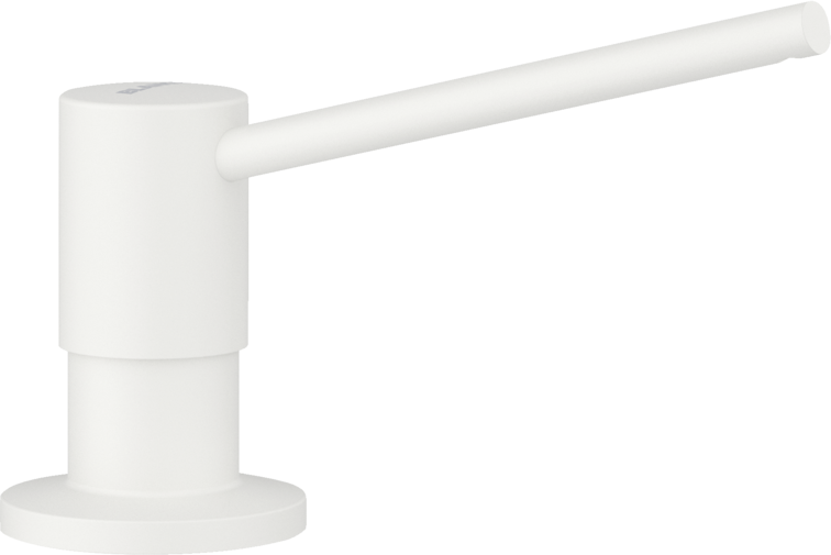 White cylindrical soap dispenser with a lever arm and circular mounting base.
