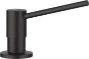 Anthracite soap dispenser with cylindrical pump body and angular spout mounted on round base.