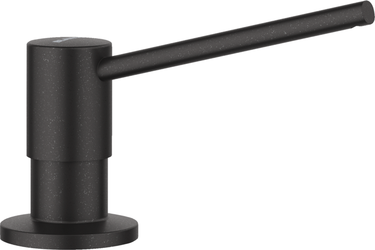 Anthracite soap dispenser with cylindrical pump body and angular spout mounted on round base.