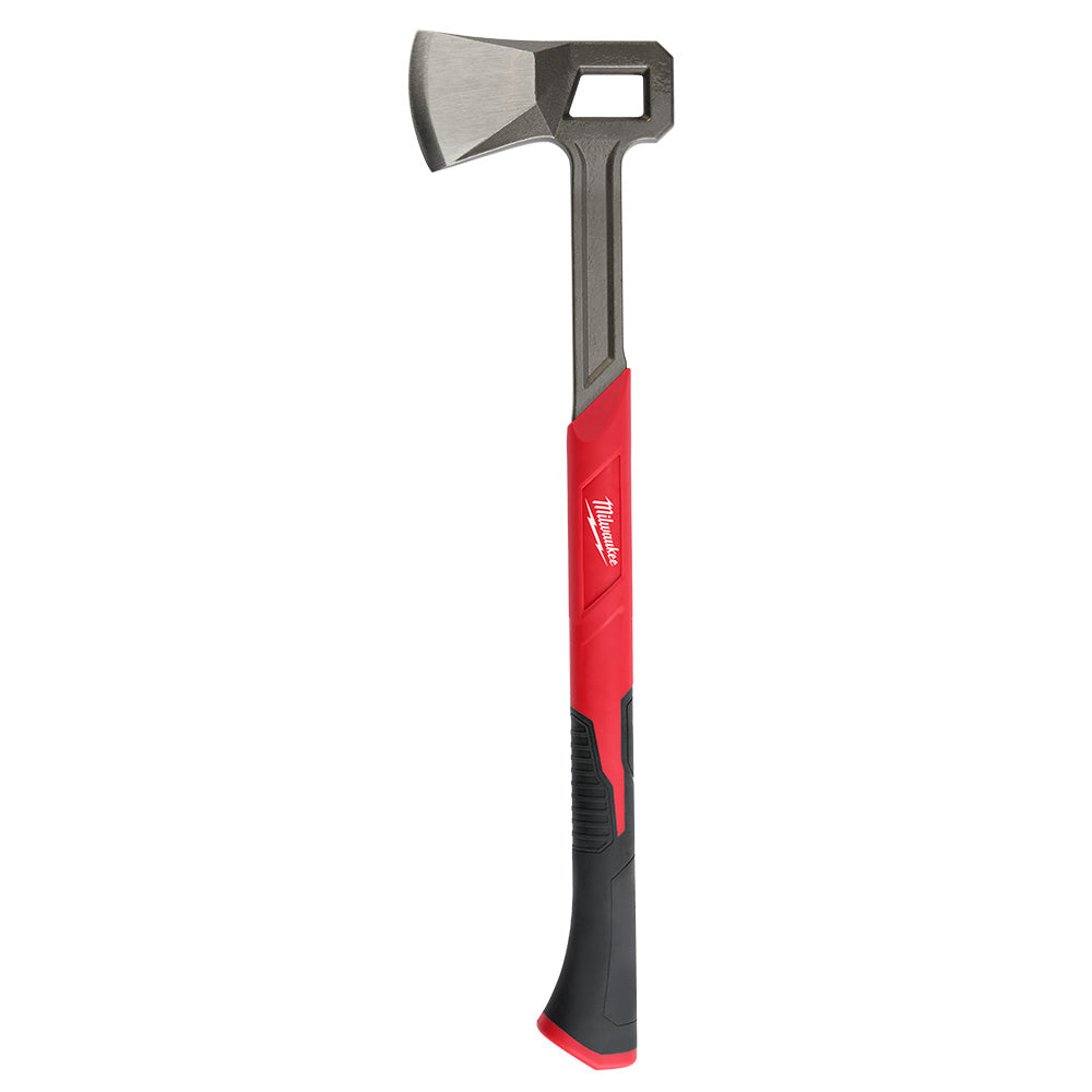 Milwaukee splitting axe with steel head, red and black handle grip, and rectangular eye opening.