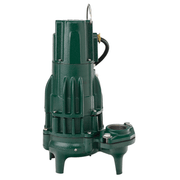 Green cast iron submersible sewage pump with discharge outlet, handle, and attached float switch on side.