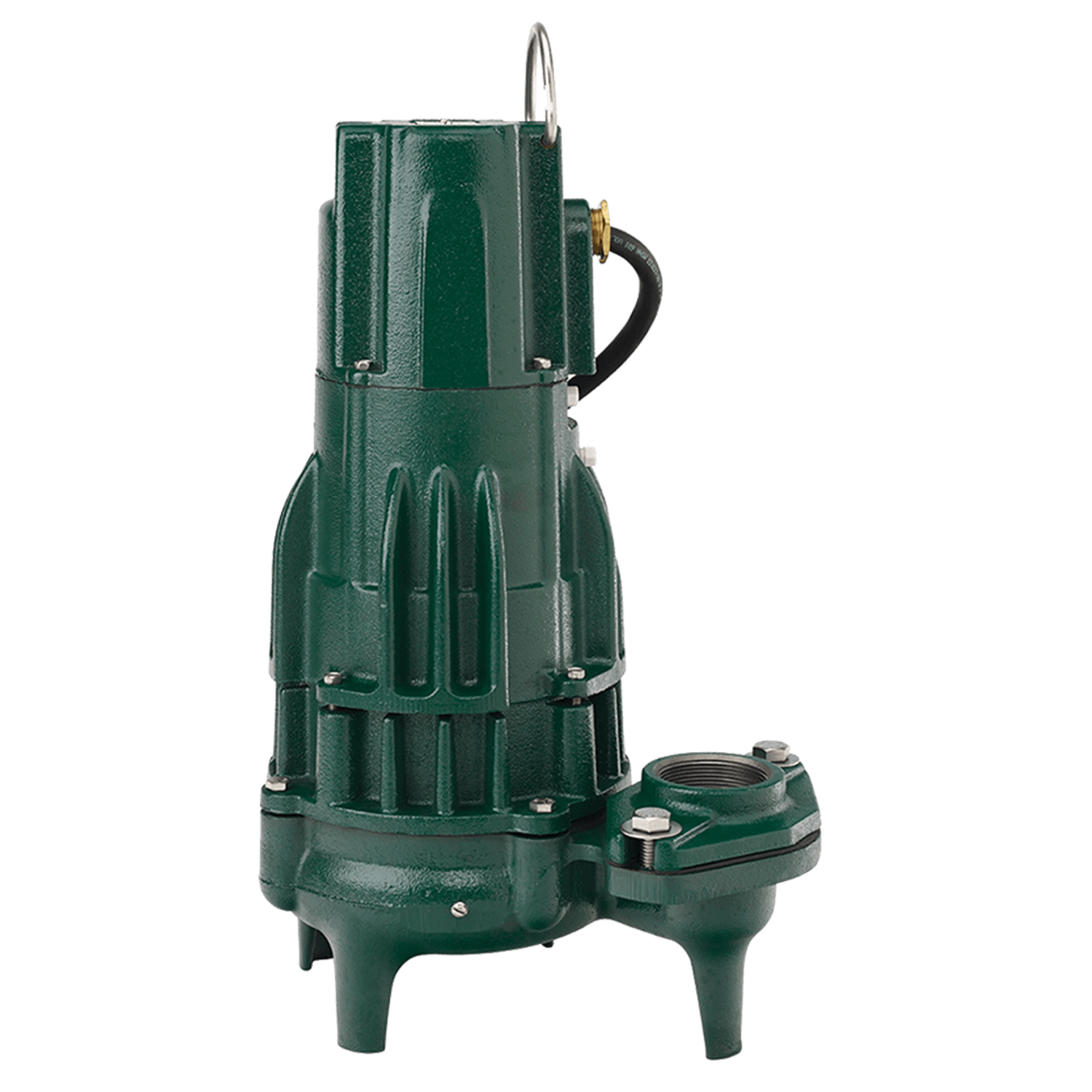 Green cast iron submersible sewage pump with discharge outlet, handle, and attached float switch on side.
