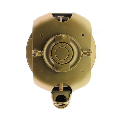 Bronze circulator pump with concentric circular housing, top-down view with connection port visible at bottom.