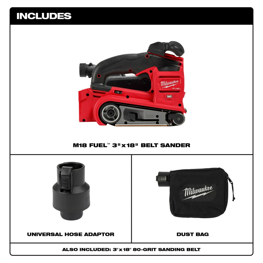 Red and black Milwaukee M18 FUEL belt sander with universal hose adaptor, dust bag, and sanding belt included.