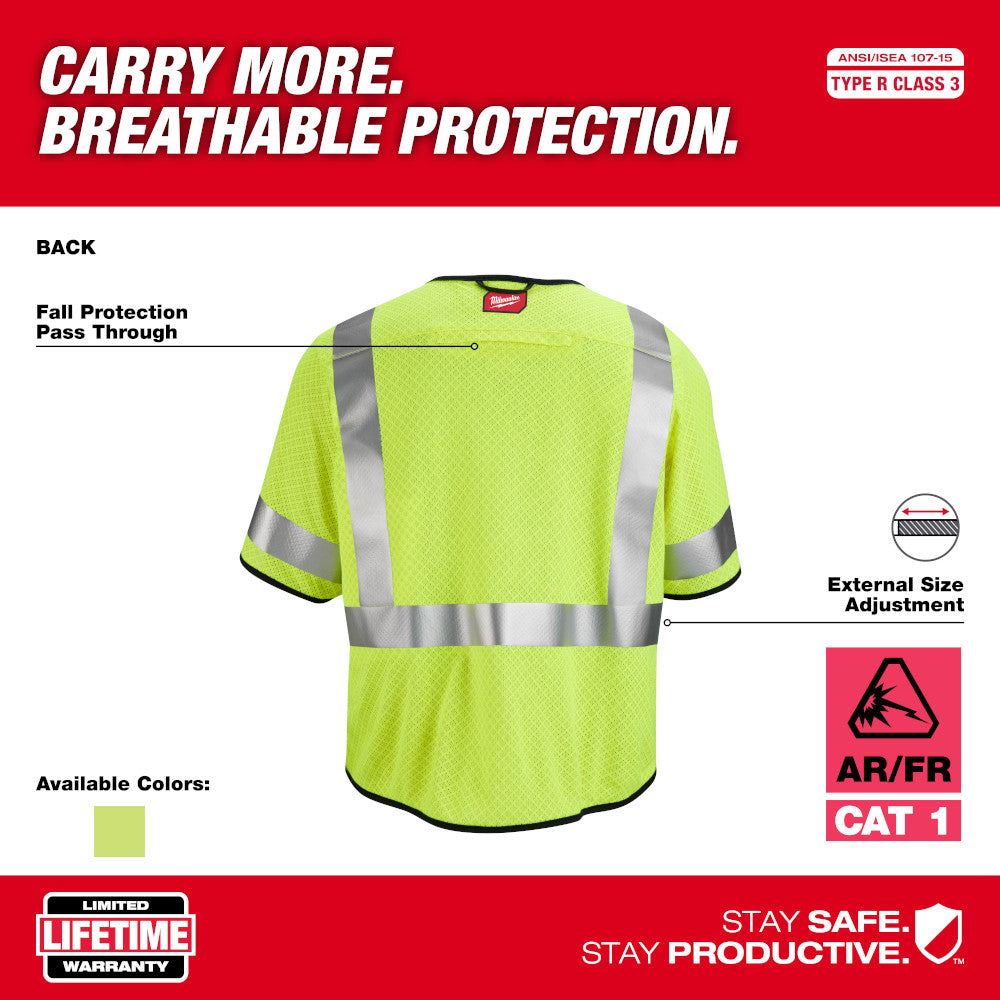 High visibility yellow mesh safety vest with reflective silver stripes and black trim, back view shown.