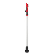 Red and black Milwaukee M12 stick transfer pump with silver shaft and black suction head attachment.