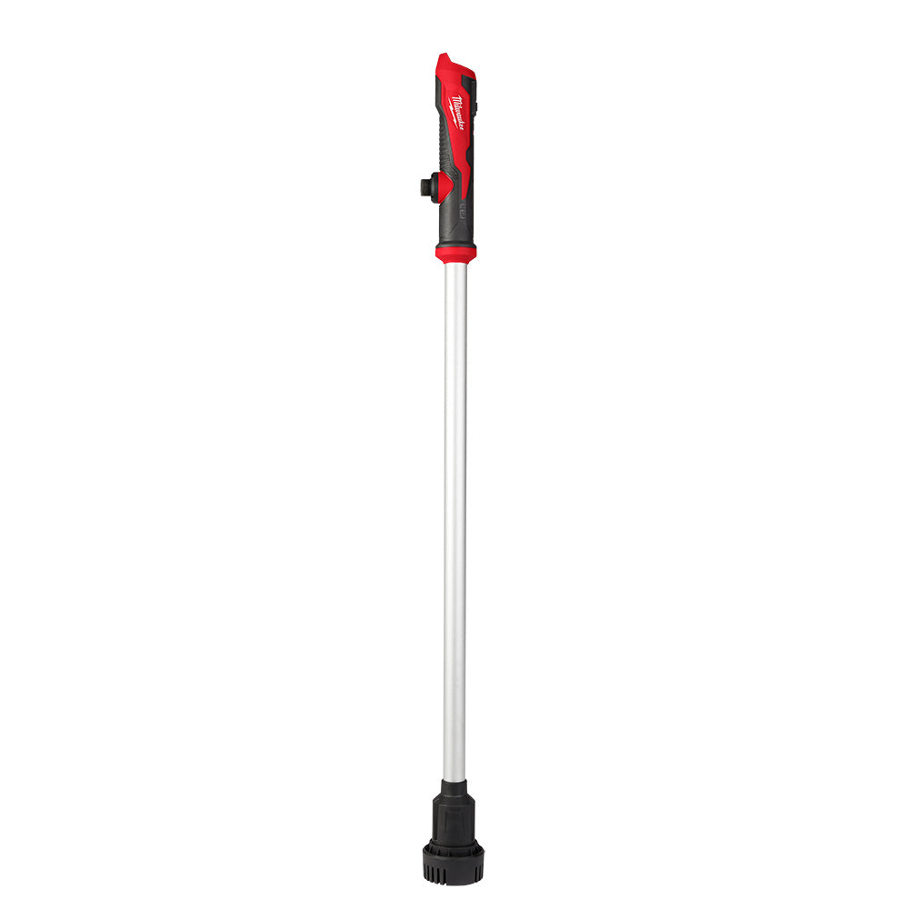 Red and black Milwaukee M12 stick transfer pump with silver shaft and black suction head attachment.
