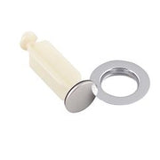 Chrome drain plug with cream-colored stem and circular chrome ring seat.