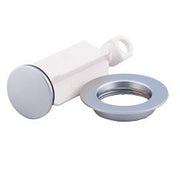 Brushed chrome drain plug and seat assembly with white cylindrical component and gray ring.