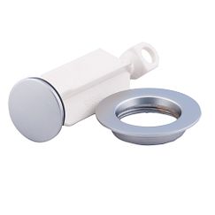 Brushed chrome drain plug and seat assembly with white cylindrical component and gray ring.