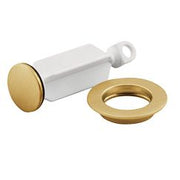 Brushed gold drain plug with white stem and matching ring-shaped seat on white background.
