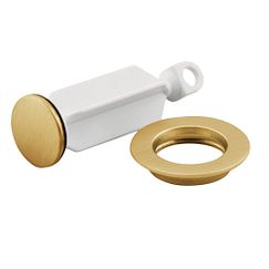 Brushed gold drain plug with white stem and matching ring-shaped seat on white background.