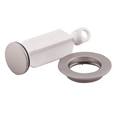 Brushed nickel drain plug with cylindrical body and circular seat ring displayed separately.