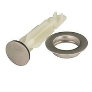 Polished nickel drain plug with rubber seal and mounting ring components displayed separately.