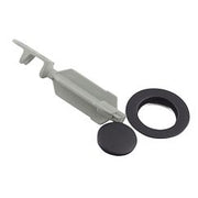 Wrought iron drain plug and seat assembly with metal lever handle and black rubber ring.