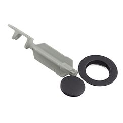 Wrought iron drain plug and seat assembly with metal lever handle and black rubber ring.