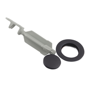 Moen drain plug assembly with matte black rubber seat and circular ring on gray plastic mechanism.