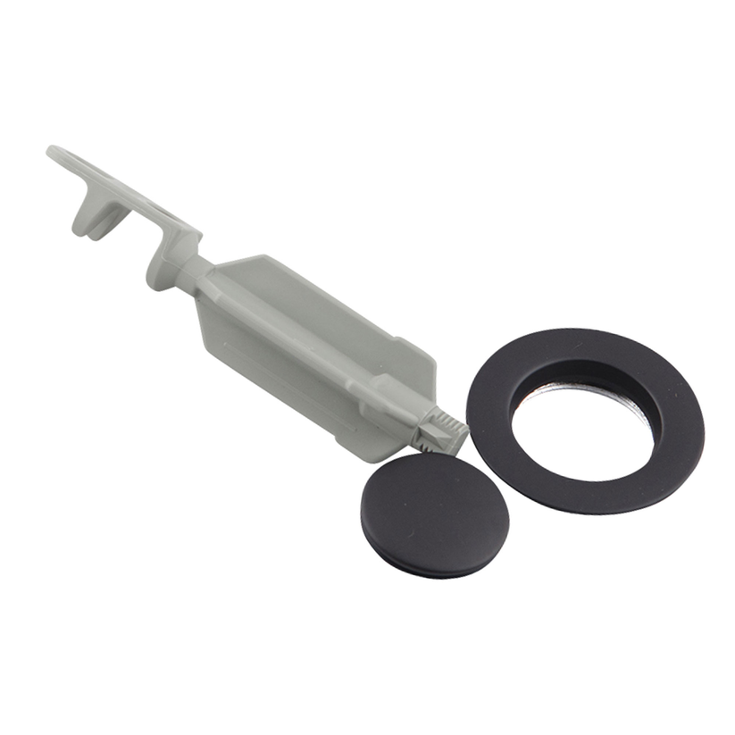 Moen drain plug assembly with matte black rubber seat and circular ring on gray plastic mechanism.