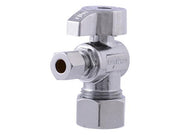 Chrome angle stop valve with quarter-turn handle and 5/8 inch compression connections on two perpendicular ports.