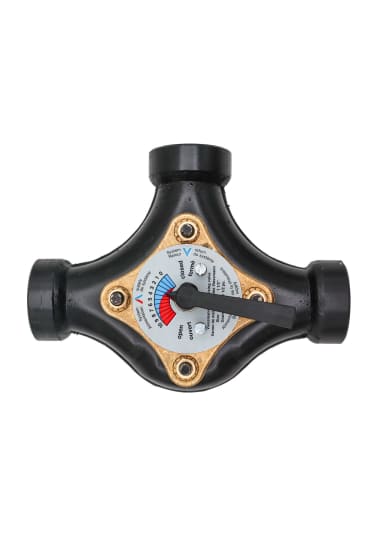 Black 1-1/2" three-way mixing valve with temperature gauge, brass ports, and adjustment lever on white background.