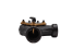 Black metal mixing valve with three ports and brass fittings for 1-1/2" pipe connections.