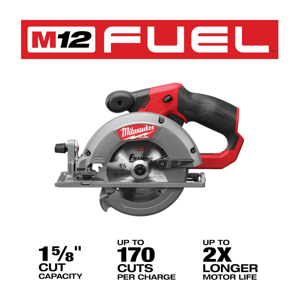 Milwaukee M12 FUEL red and black cordless circular saw with gray blade and ergonomic handle.
