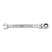 Silver metal combination wrench with open wrench end on left and ratcheting box end with flex joint on right, marked 3/8 inch