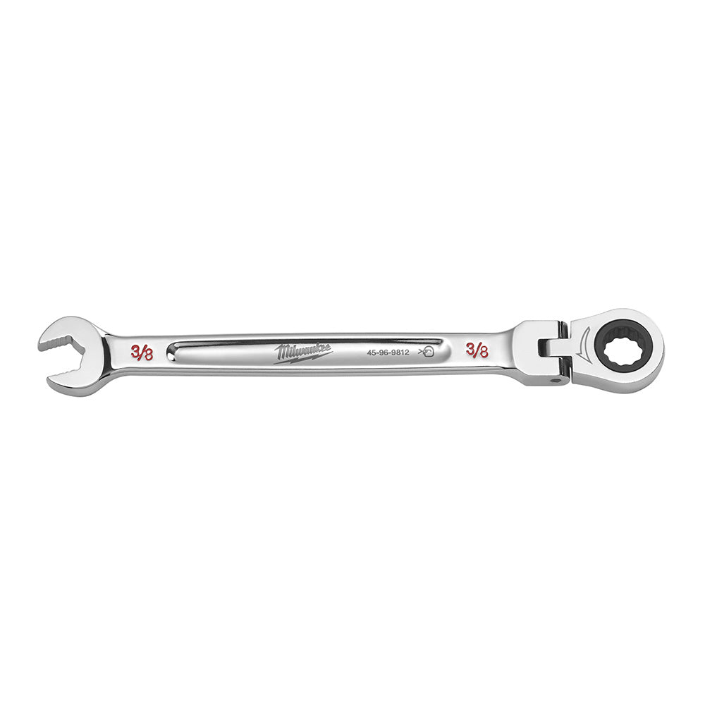 Silver metal combination wrench with open wrench end on left and ratcheting box end with flex joint on right, marked 3/8 inch
