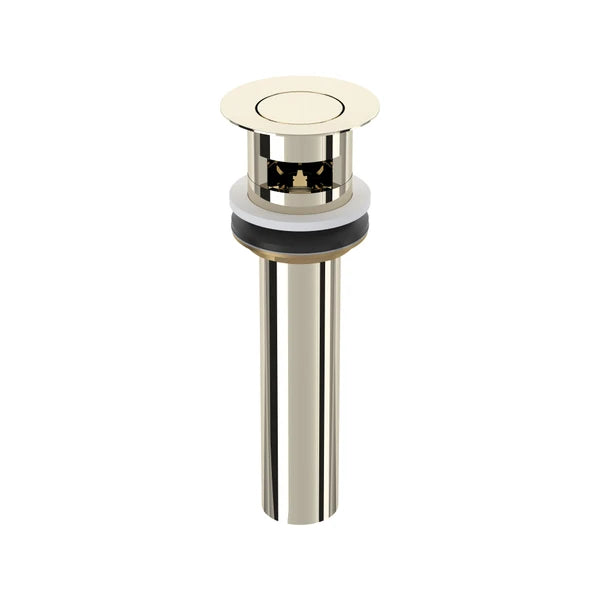 Polished nickel bathtub drain with round escutcheon, cylindrical body, and black rubber gasket ring for undermount or drop-in
