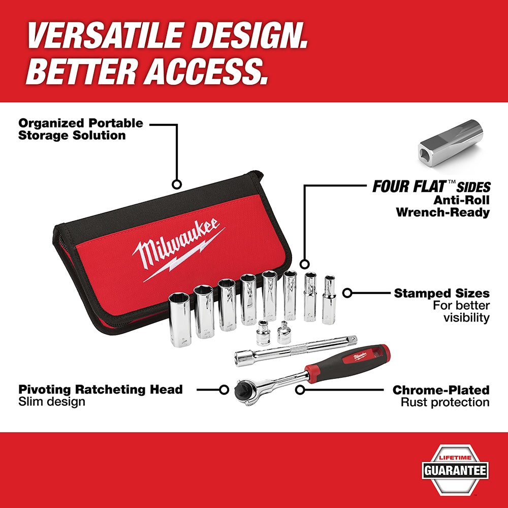 Milwaukee 12-piece metric socket set with ratchet, sockets, and red storage bag displayed on white background.