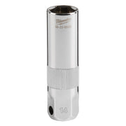 Chrome spark plug socket with ribbed grip, 14MM size marking, and 3/8" drive connection for Milwaukee tools.
