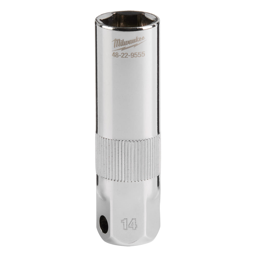 Chrome spark plug socket with ribbed grip, 14MM size marking, and 3/8" drive connection for Milwaukee tools.