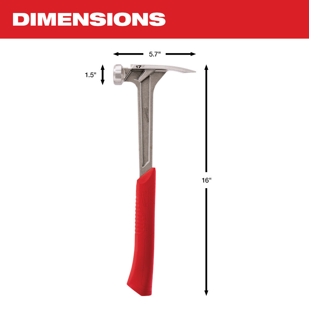 17 oz framing hammer with smooth metal head, red grip handle, and curved claw, shown with dimension measurements.