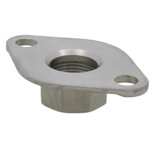 Stainless steel flange with centered threaded port and two mounting holes on curved base plate.