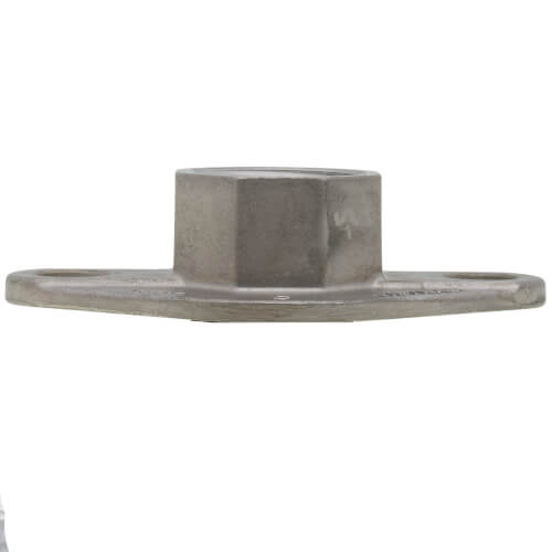 Stainless steel flange with hexagonal center hub and wide flat base on white background.