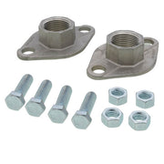 Two stainless steel flanges with threaded centers and mounting holes, accompanied by four bolts and four nuts.