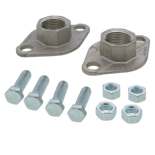 Two stainless steel flanges with threaded centers and mounting holes, accompanied by four bolts and four nuts.