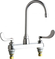 Chrome two-handle gooseneck faucet with curved spout and lever handles mounted on white deck plate.
