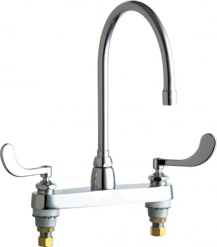 Polished chrome two-handle deck-mounted faucet with tall curved spout and lever handles.
